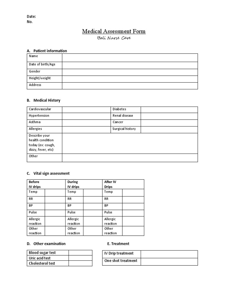 Medical Assessment Form Bali Nurse Care PDF