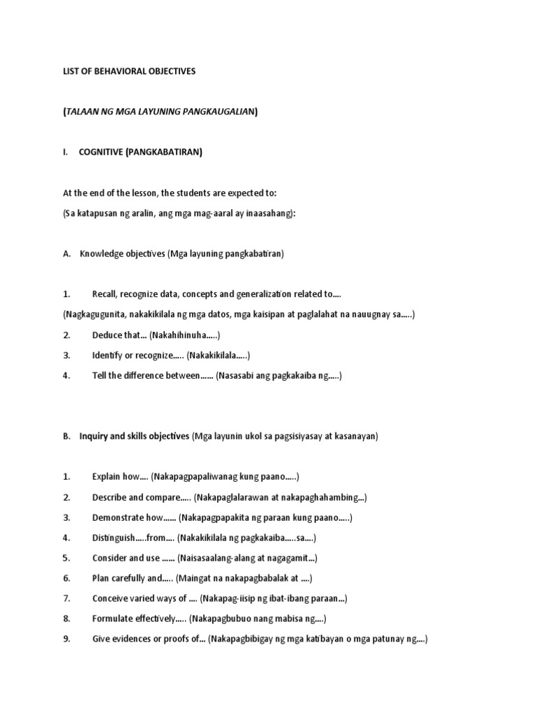 List Of Behavioral Objectives Examples Pdf