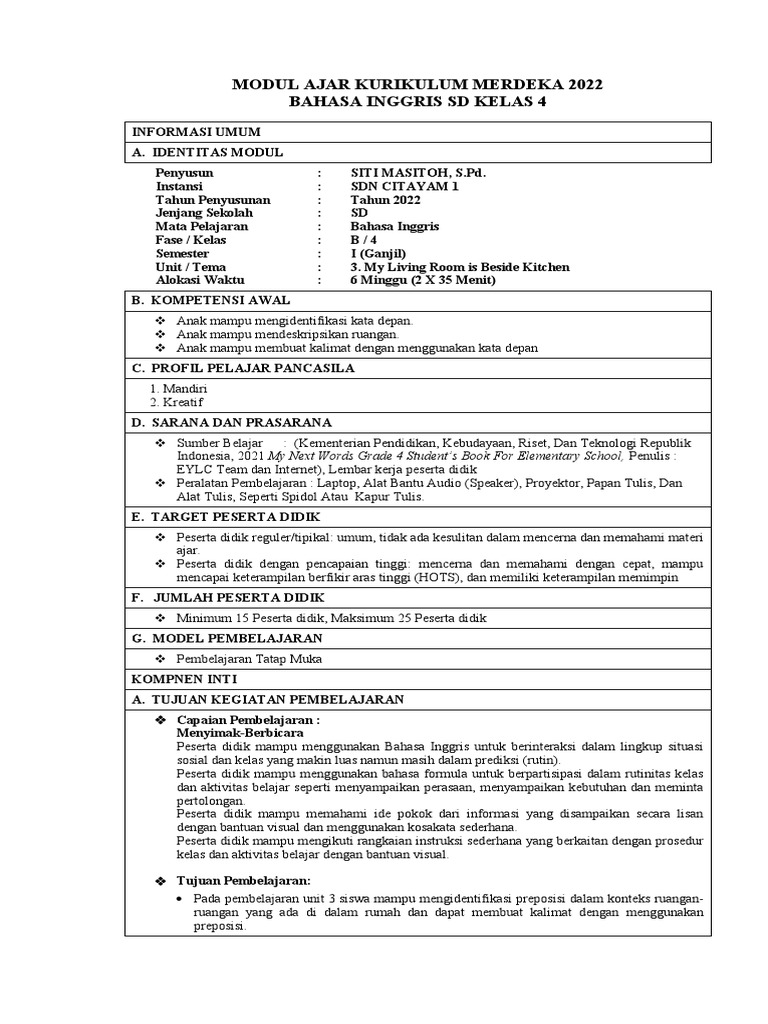 Modul Ajar B Inggris Unit 3 Kelas 4 Pdf