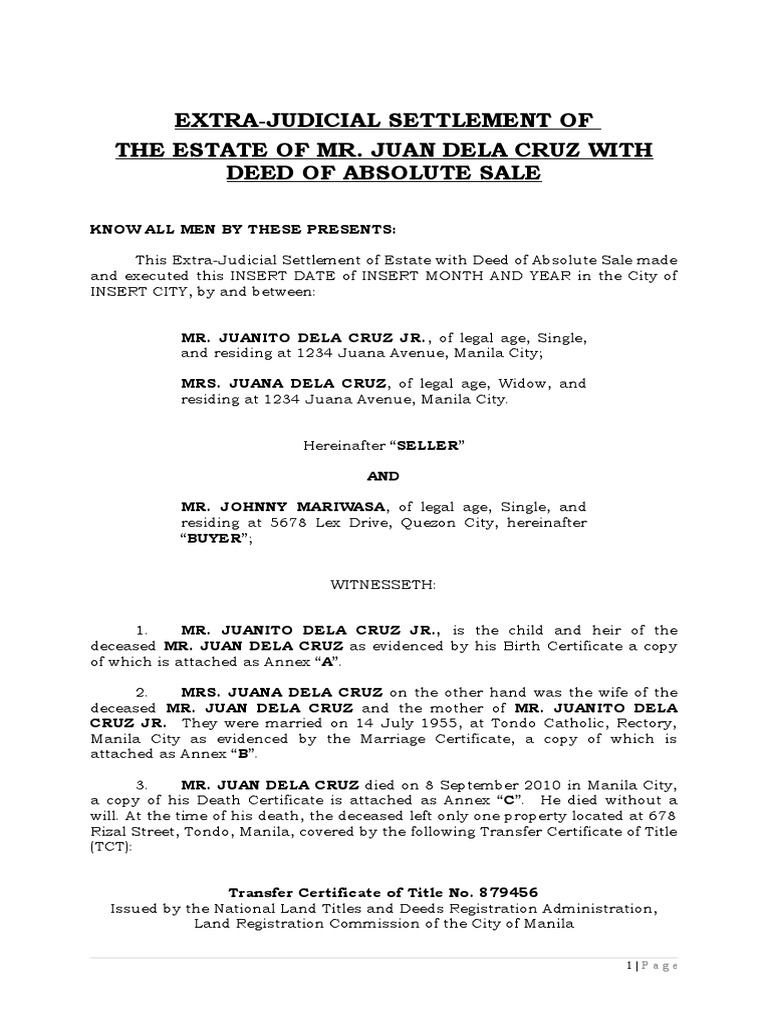 Extra Judicial Settlement of Estate With Deed of Absolute Sale | PDF ...
