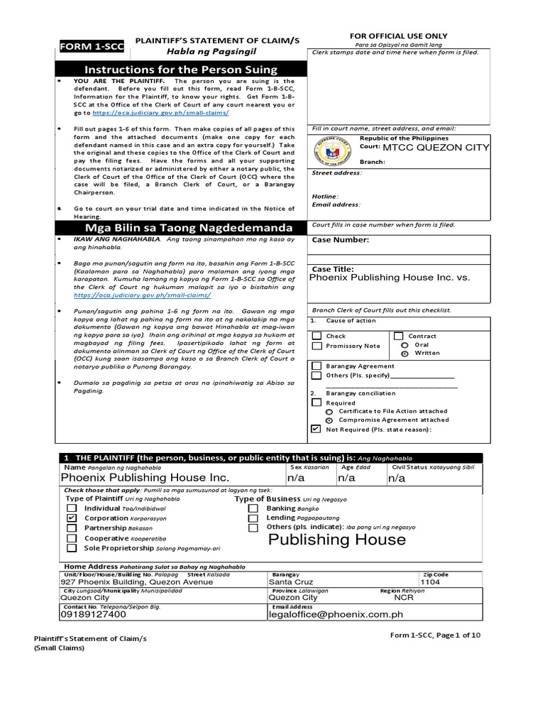 FORM 01 SCC Statement of Claim | PDF