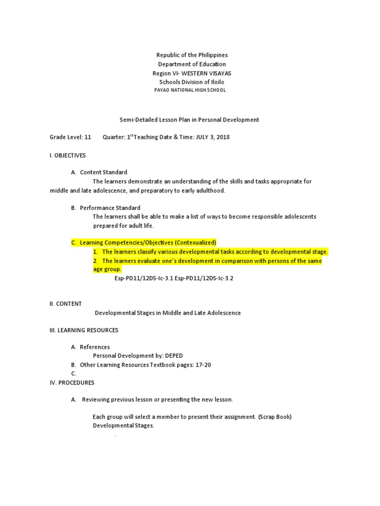 Grade 11 Personal Development Lesson Plan | PDF | Learning | Lesson Plan