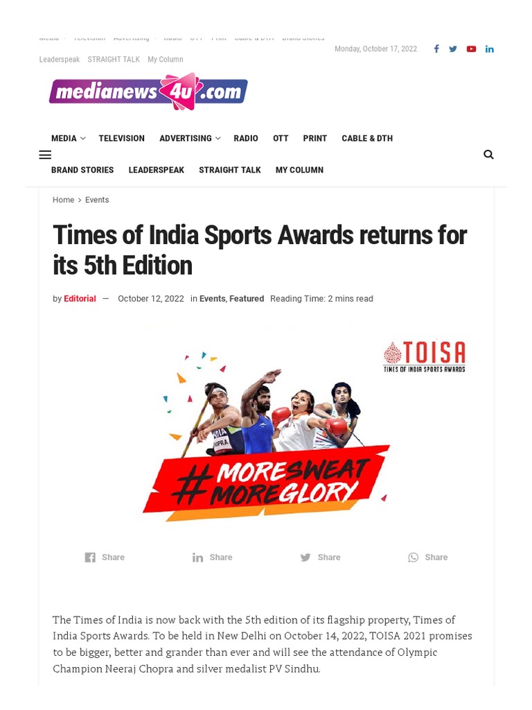 Times of India Sports Awards Returns For Its 5th Edition PDF