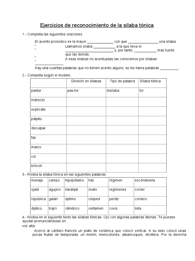 Ejercicios de sílaba tónica para niños | PDF
