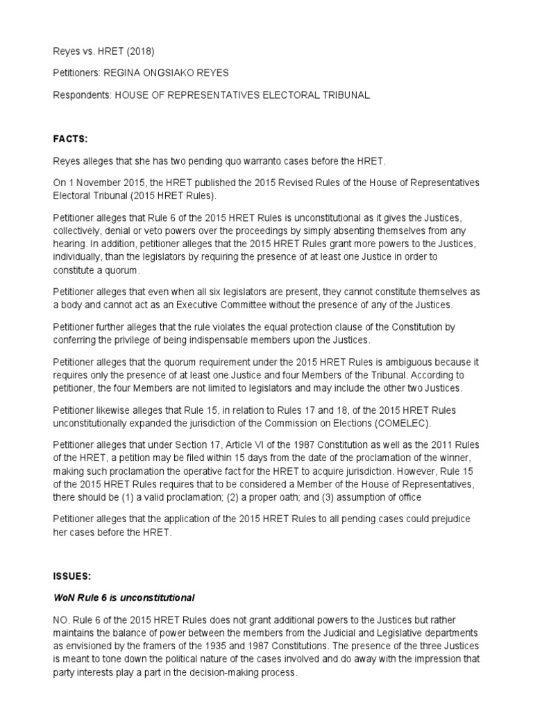 Reyes Vs HRET Digest PDF United States House Of Representatives