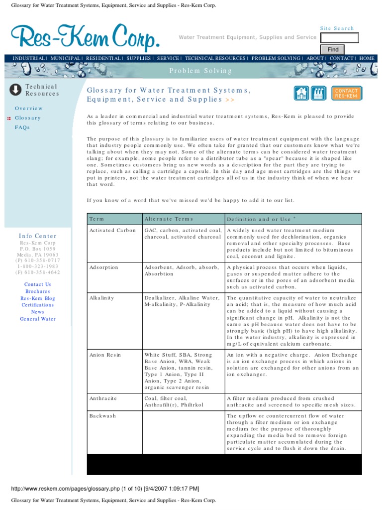Glossary For Water Treatment Systems 2007 PDF Ion Exchange Sodium