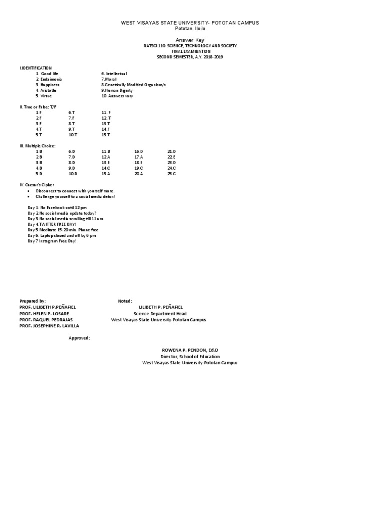 Answer Key STS Final Exam PDF