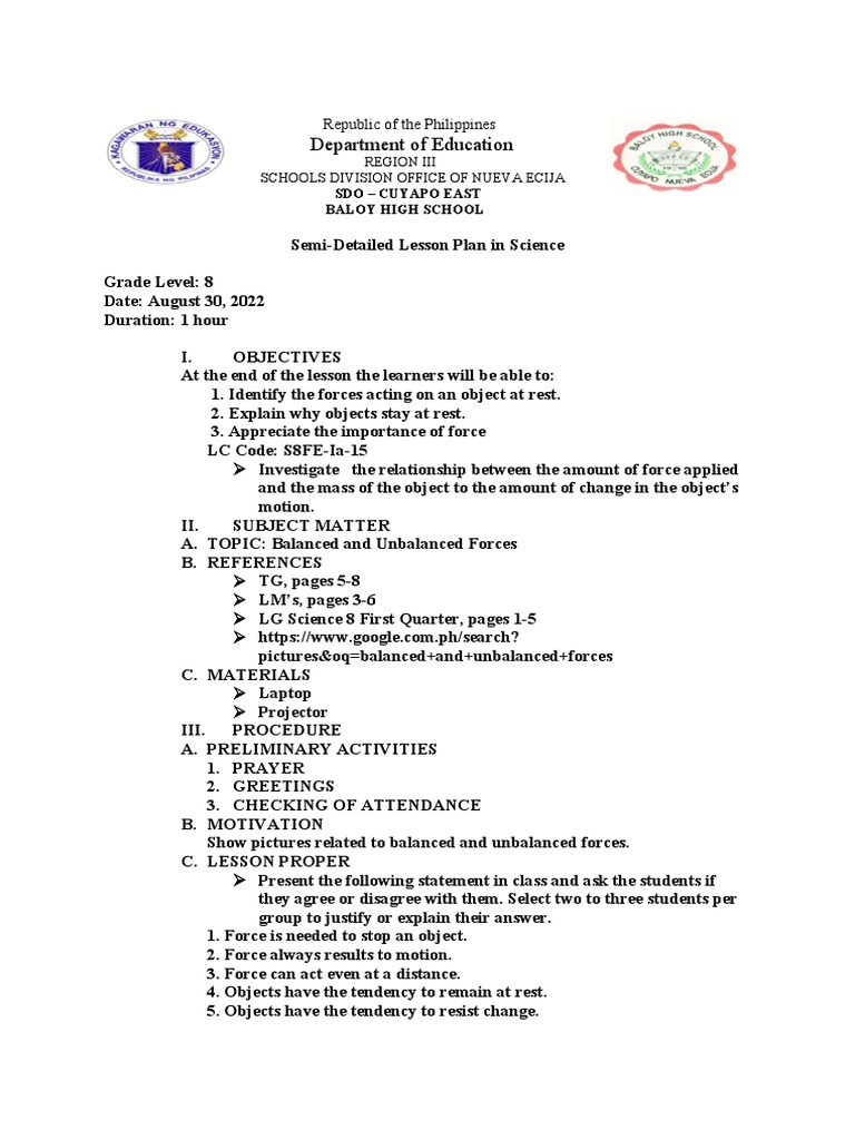 Lesson Plan Grade 8 | PDF | Force | Newton's Laws Of Motion