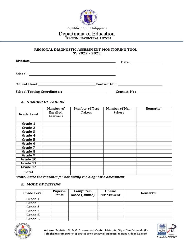 Regional Diagnostic Assessment Tool | PDF