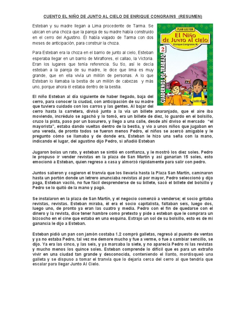 Cuento El Niño de Junto Al Cielo de Enrique Congrains | PDF