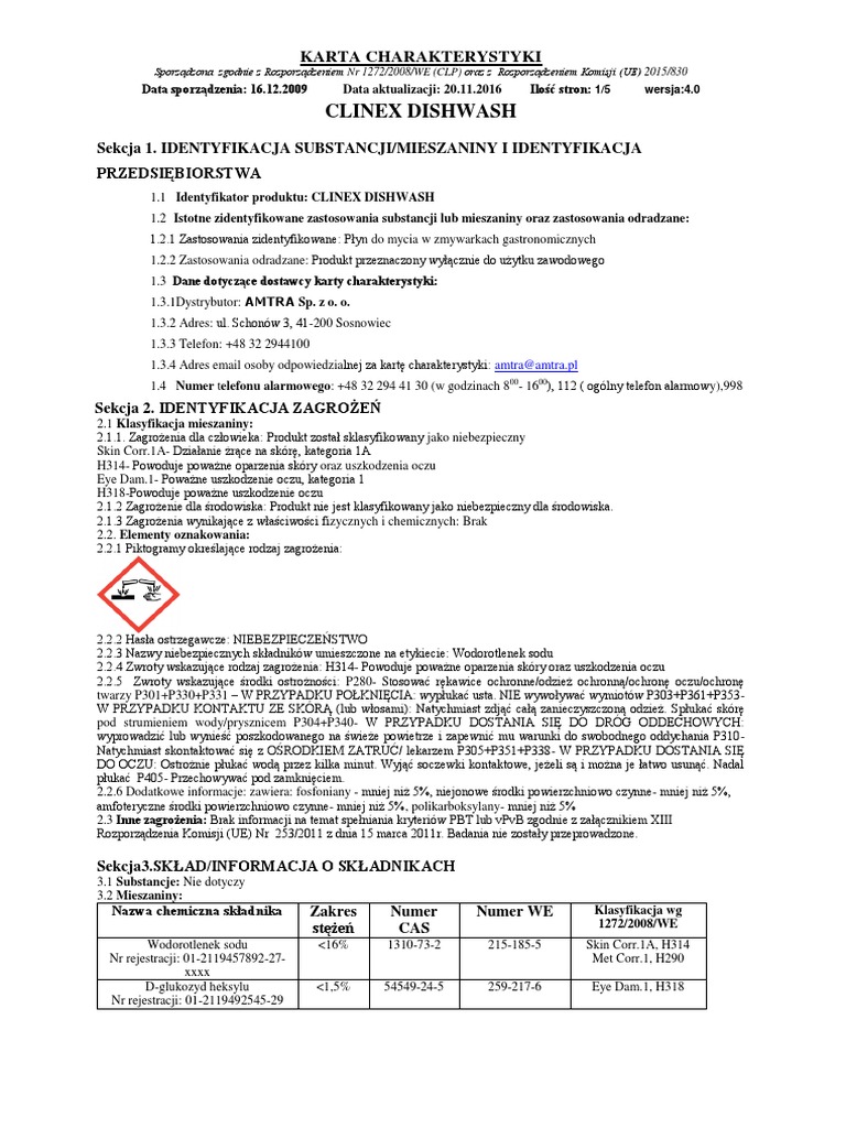 Clinex DishWash Karta Charakterystyki PDF