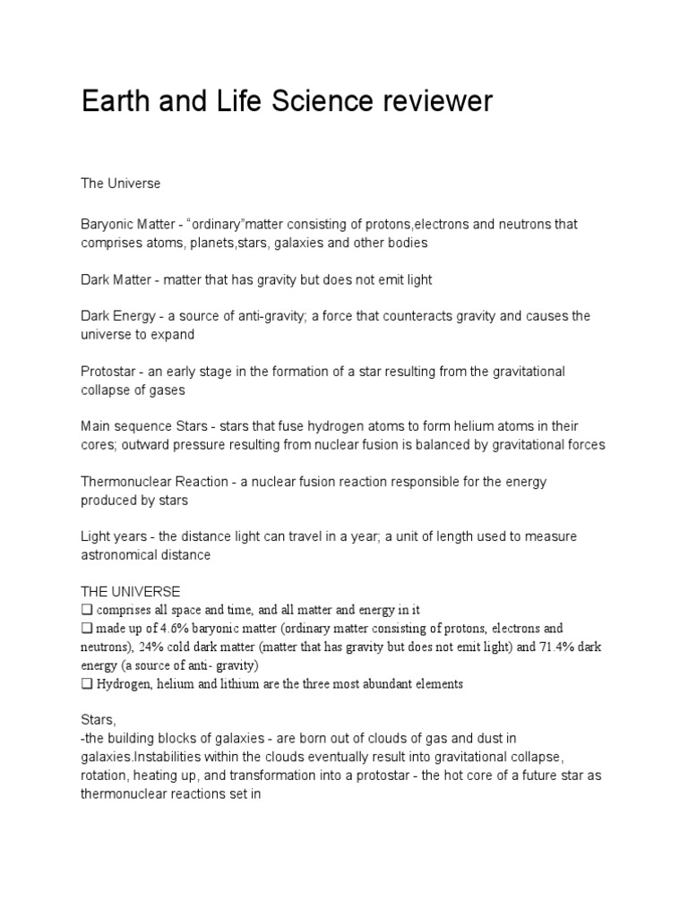 Earth and Life Science Reviewer PDF Stars Plate Tectonics