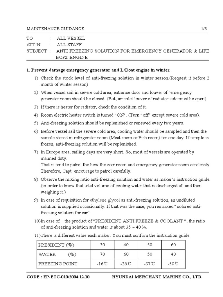 0710 EpEtc010 (E) Anti Freezing Solution For Emergency Generator