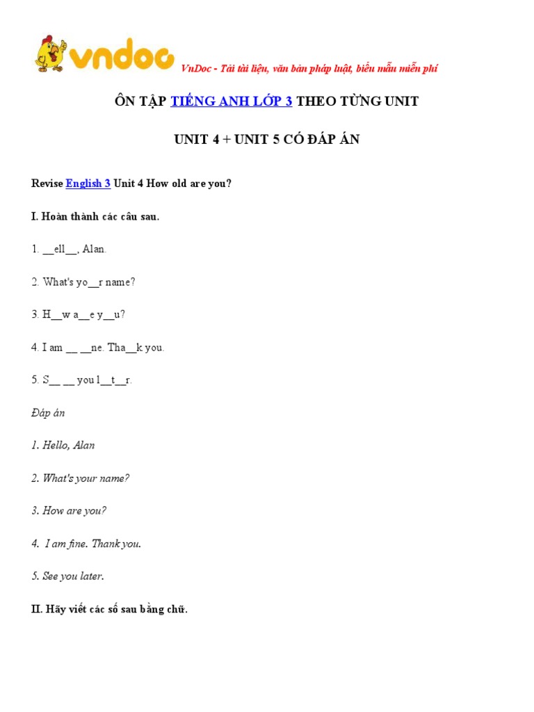 Bai Tap Tieng Anh Lop 3 Unit 4 Unit 5 | PDF