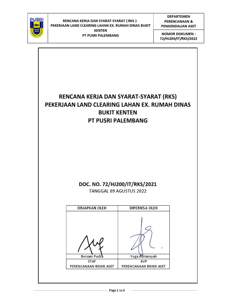 RKS Pekerjaan Land Clearing Bukit Kenten | PDF