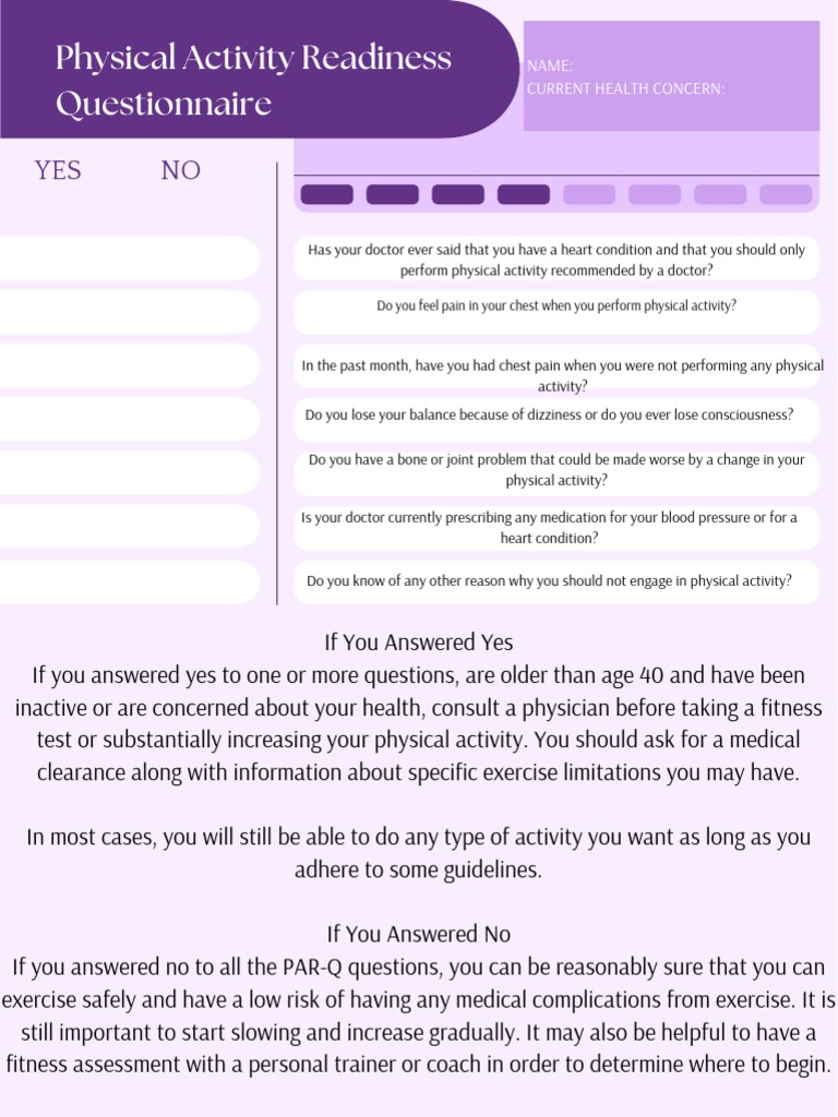 Physical Activity Readiness Questionnaire | PDF | Physical Fitness ...