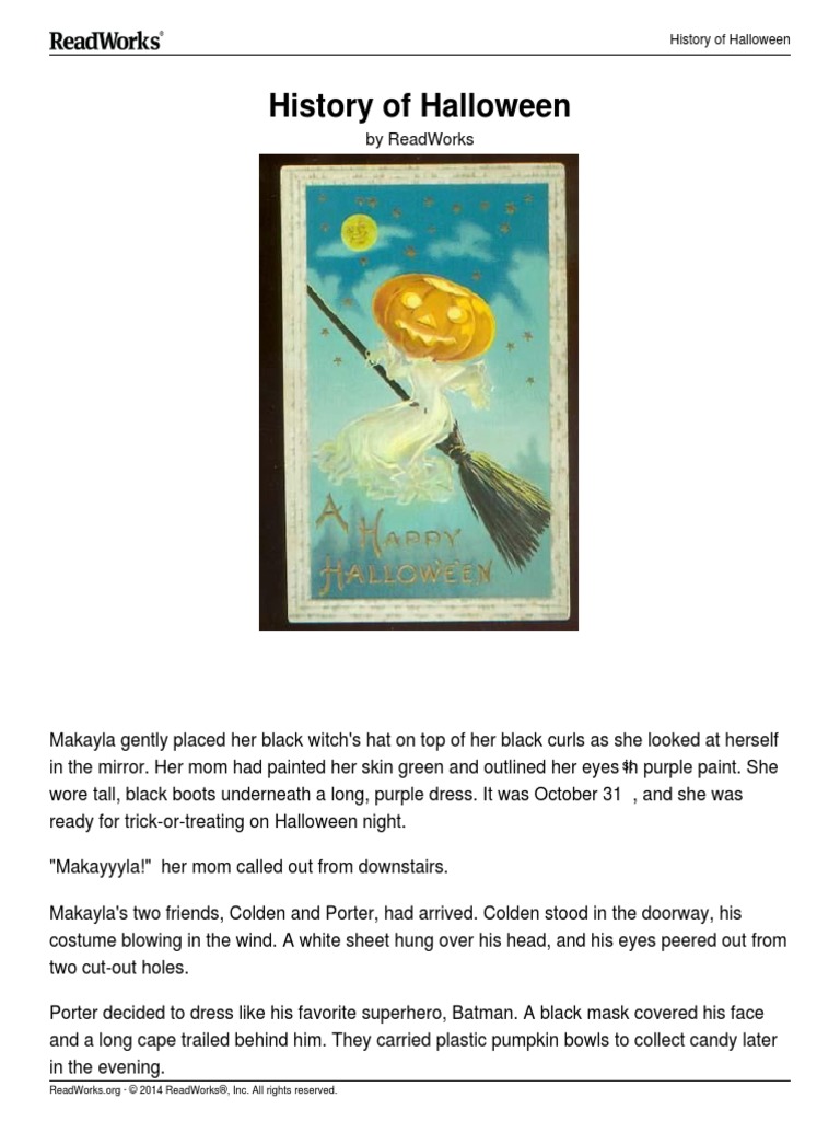 Readworks Grade 5 History of Halloween PDF Halloween Trick Or
