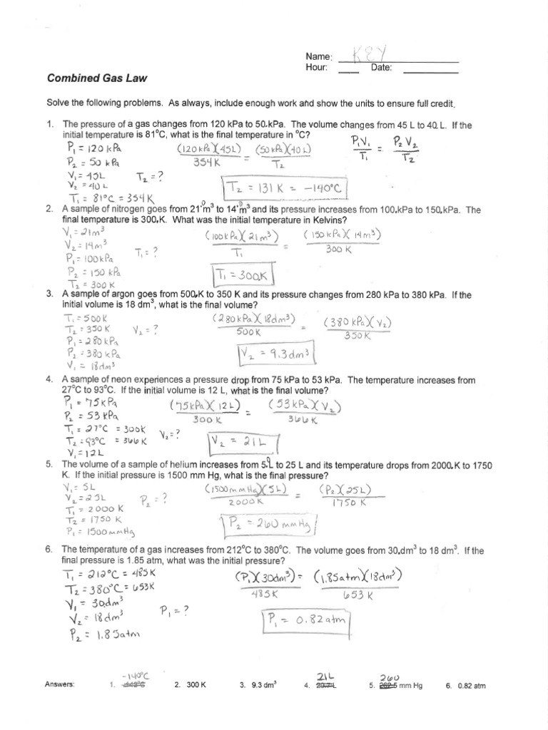 10 Combined Gas Law Key PDF