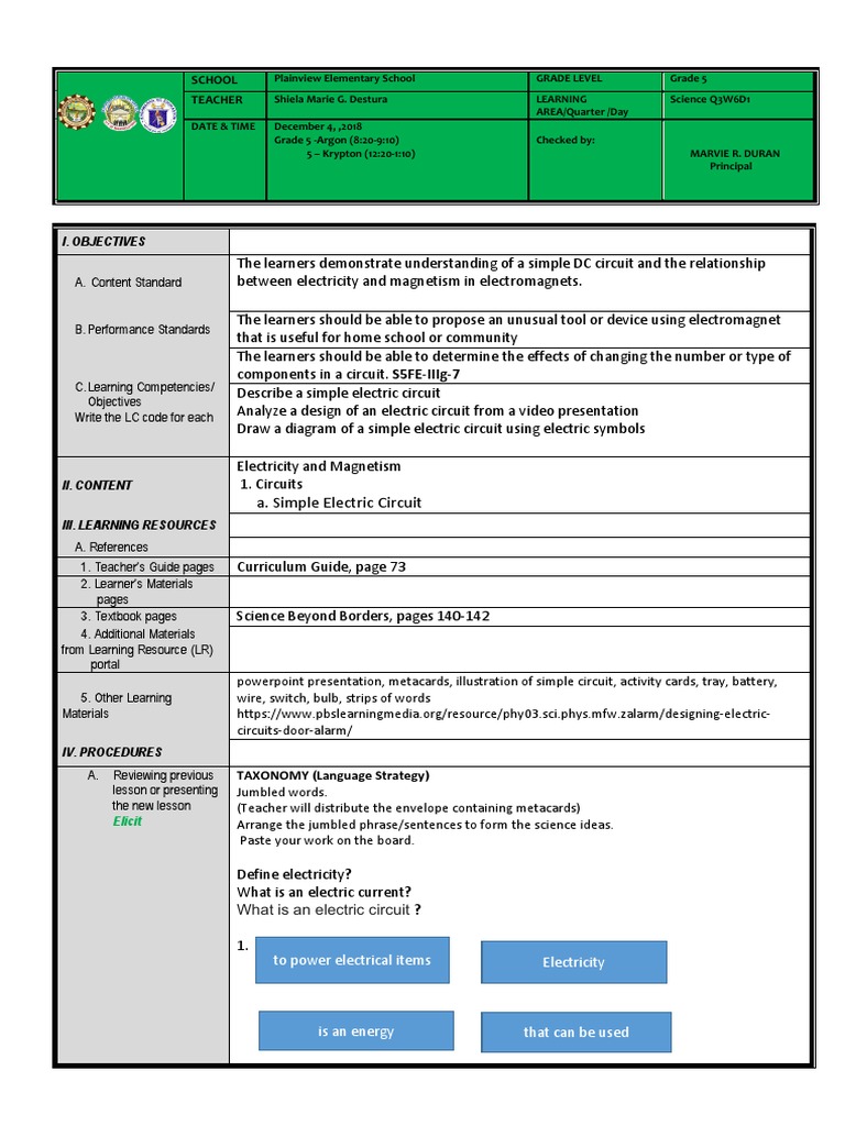 Grade 5 Electric Circuit Lesson Plan | PDF | Electricity | Electric Current