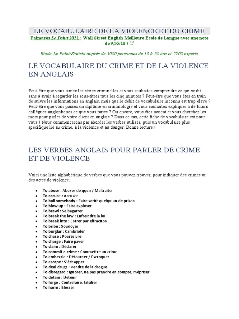 Le Vocabulaire de La Violence Et Du Crime | PDF | Langue anglaise | Crimes
