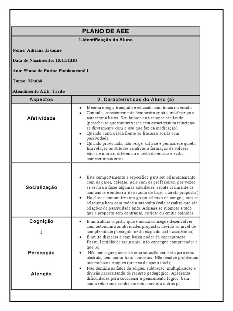 Plano AEE para aluna com dificuldades cognitivas | PDF | Pensamento ...