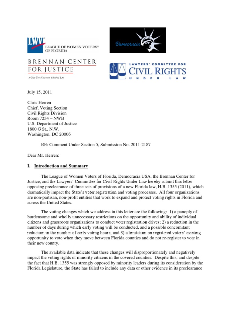 Florida HB 1355 Sec. 5 Comment Letter Voter Registration U.S