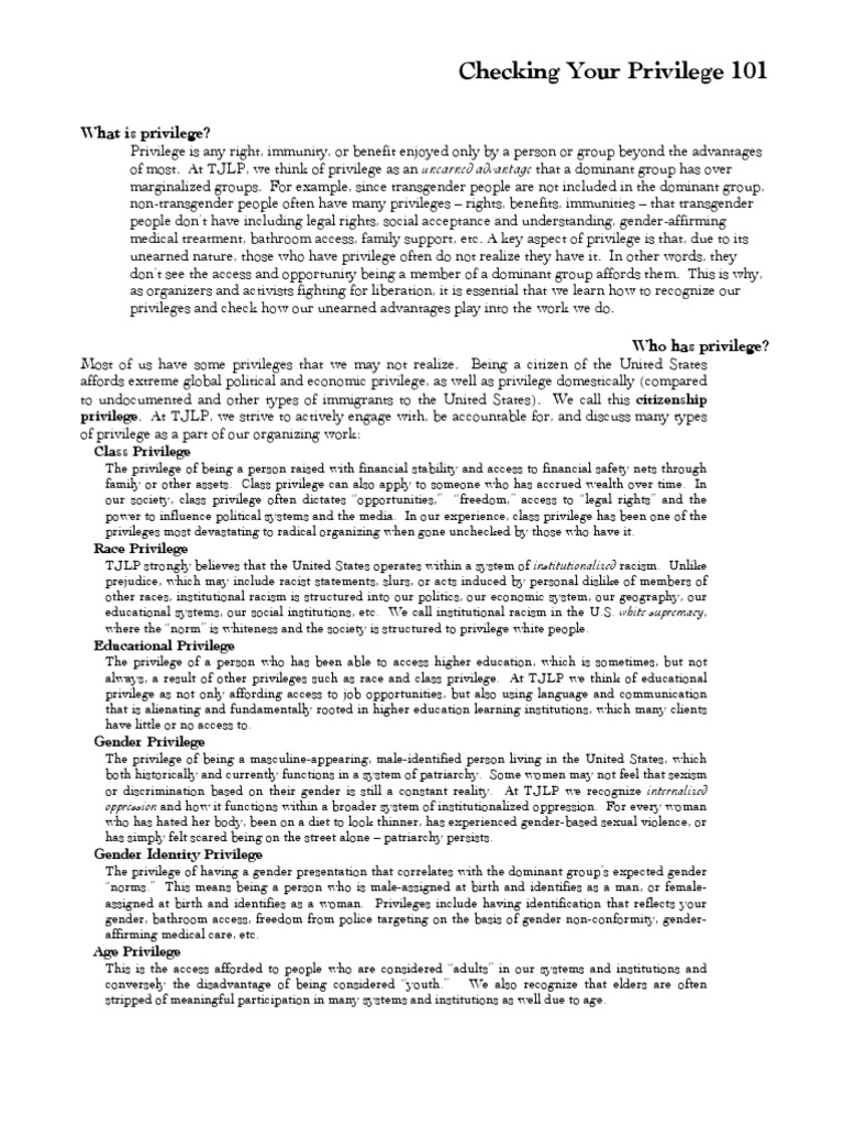Do You Have Privilege? Checklist. | PDF | Sexism | Disability