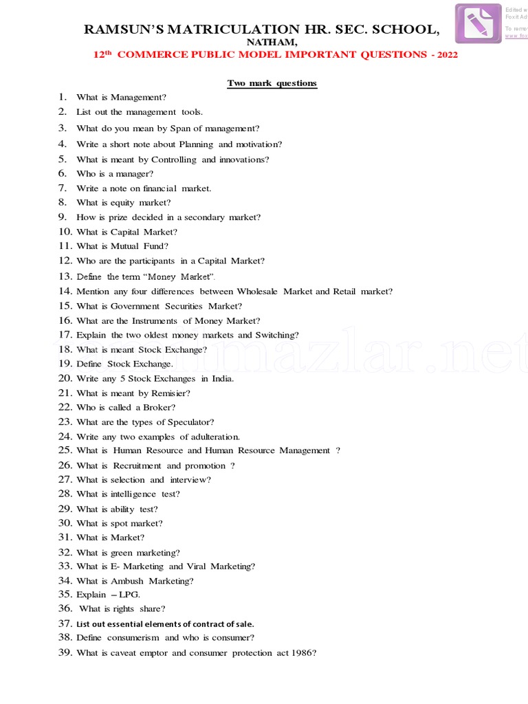 12th Commerce Important Questions 2022 | PDF | Stocks | Human Resource ...