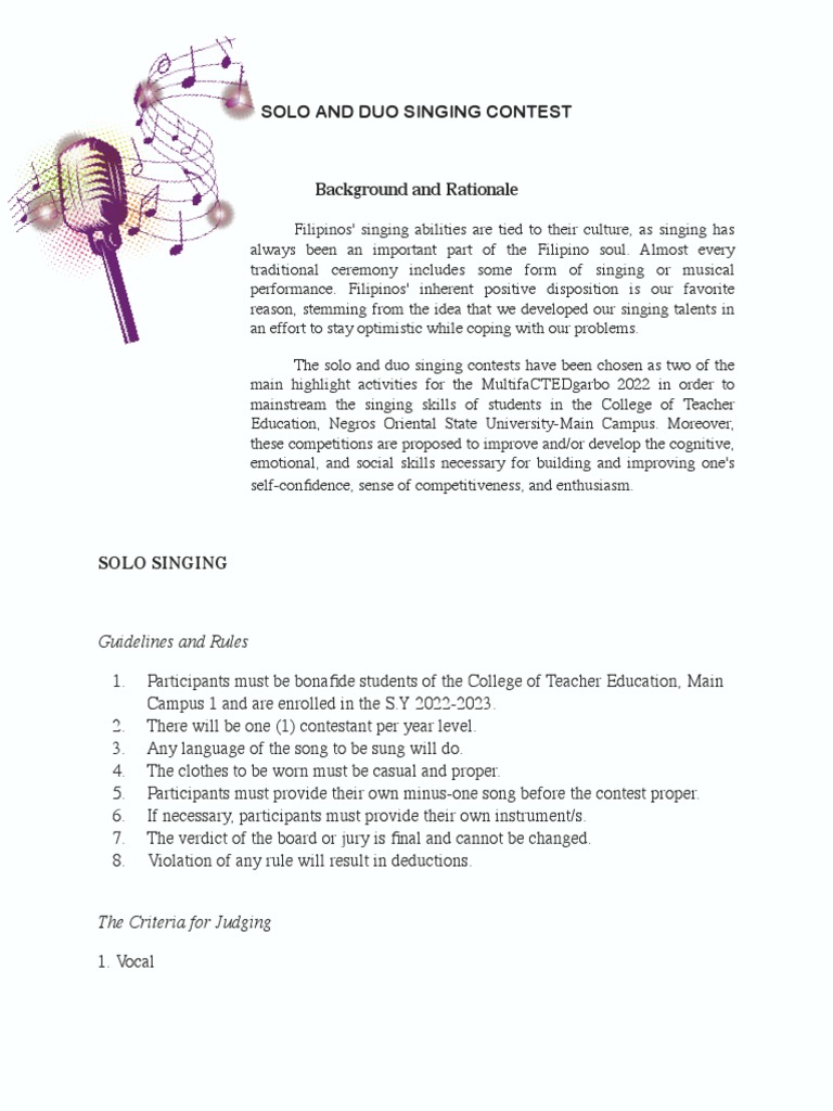 Solo and Duo Singing Contest Guidelines | PDF | Singing | Vocal Pedagogy