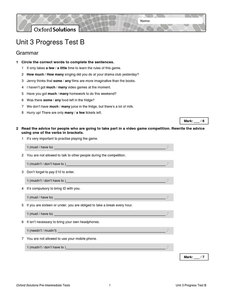 Oxford Solutions Pre Int Progress Test Unit 3 B PDF | PDF