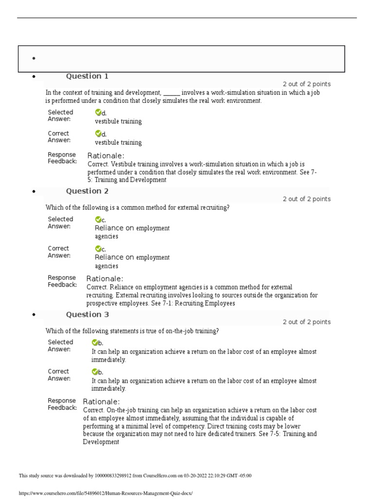 Human Resources Management Quiz PDF Recruitment Employment