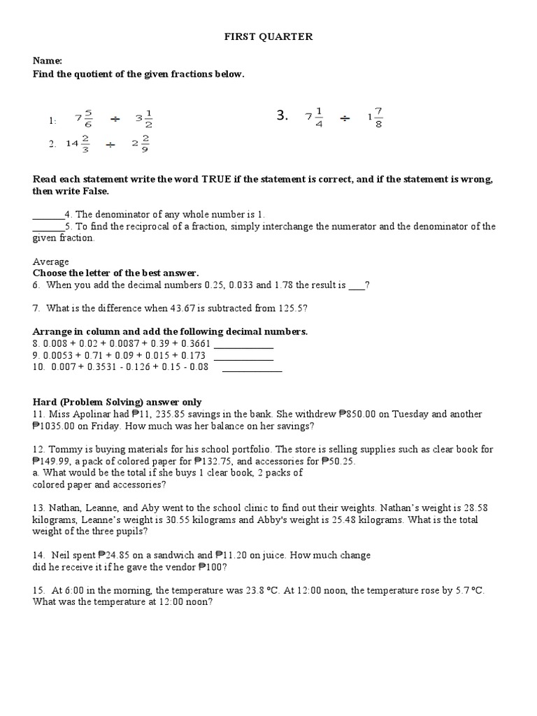 Summative Test in Mathematics | PDF | Self-Improvement