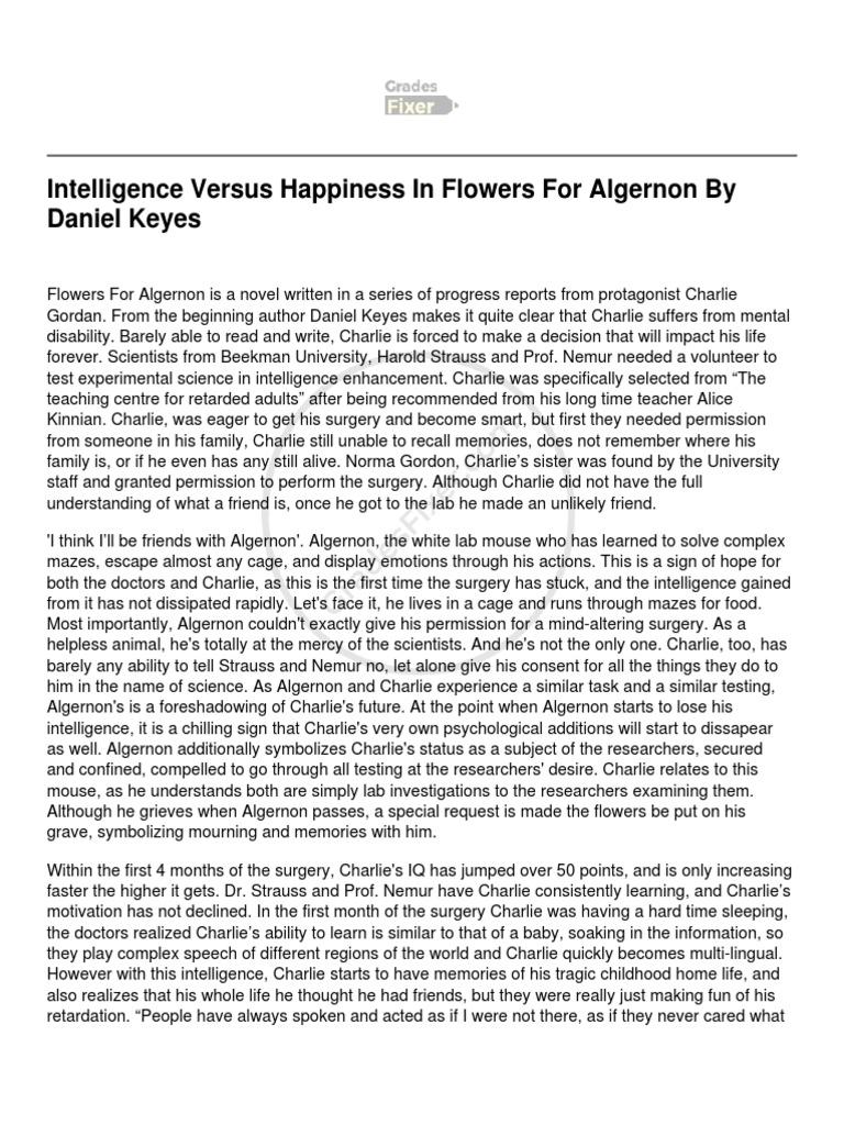 Intelligence Versus Happiness in Flowers For Algernon by Daniel Keyes PDF Bullying