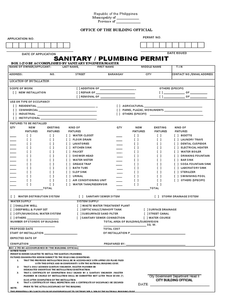 Sanitary/Plumbing Permit Application | PDF | Plumbing | Sanitation