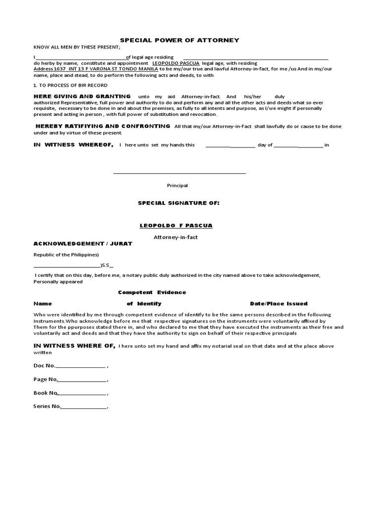 Special Power of Attorney PDF Power Of Attorney Government