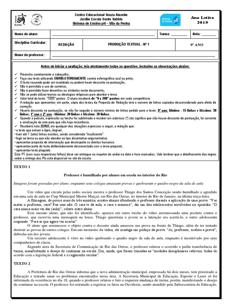 Redação 9º Ano: Respeito aos Professores | PDF | Carreira e Crescimento ...