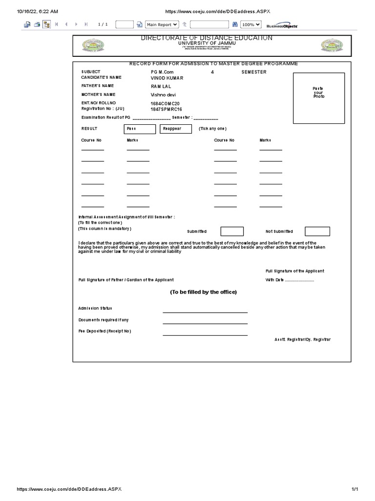 Directorate of Distance Education Record Form For Admission To Master