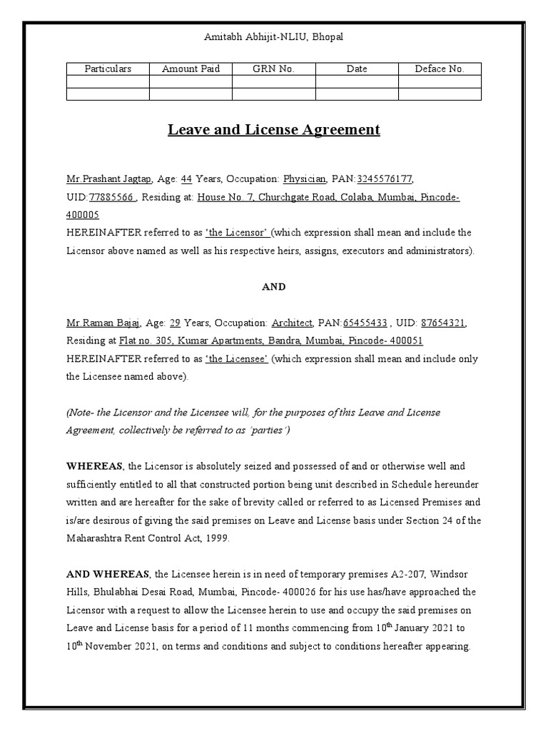 Leave and License Agreement PDF License Landlord