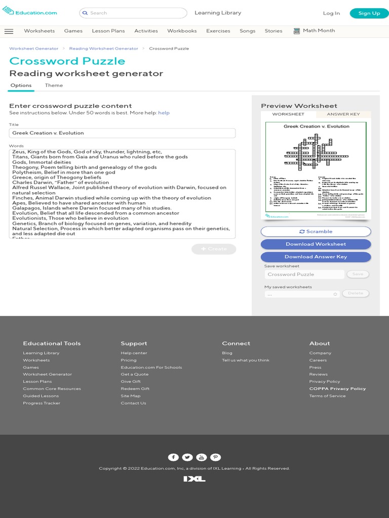 Crossword Puzzle Reading Worksheet Generator PDF Evolution Biology