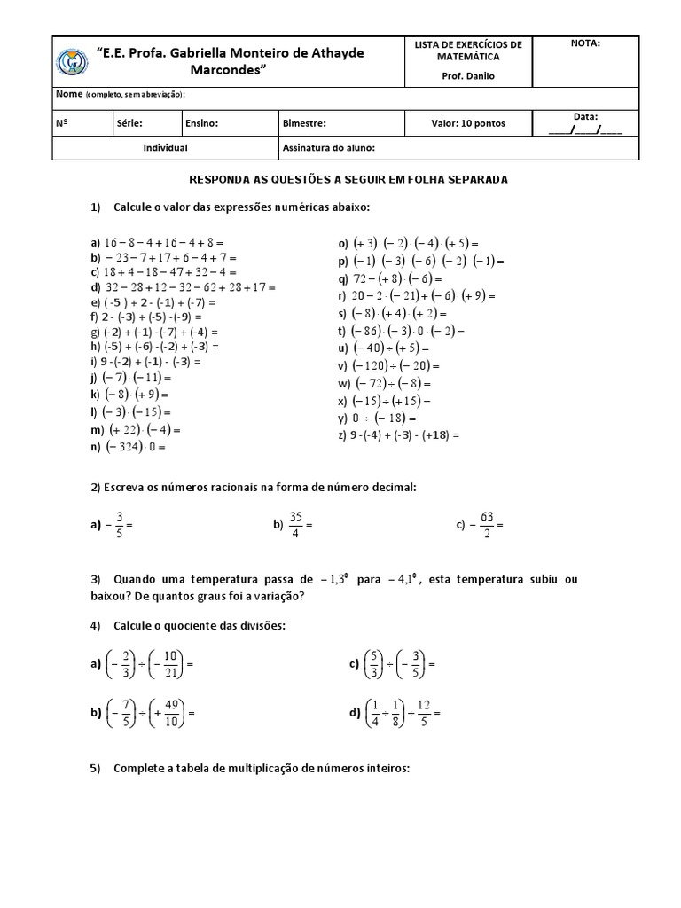 Lista de Exercícios - Números Racionais 8° Ano | PDF | Número racional ...