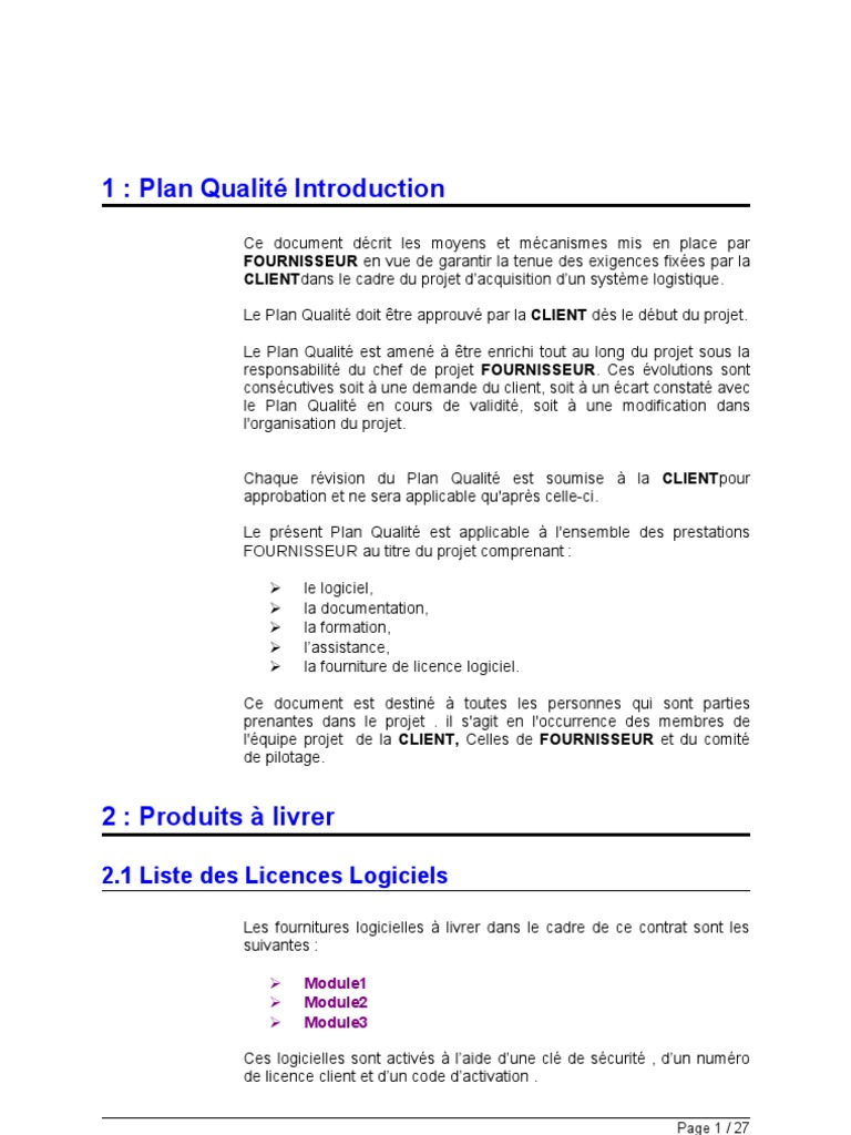 Exemple de Plan Assurance Qualite | Chef de projet ...