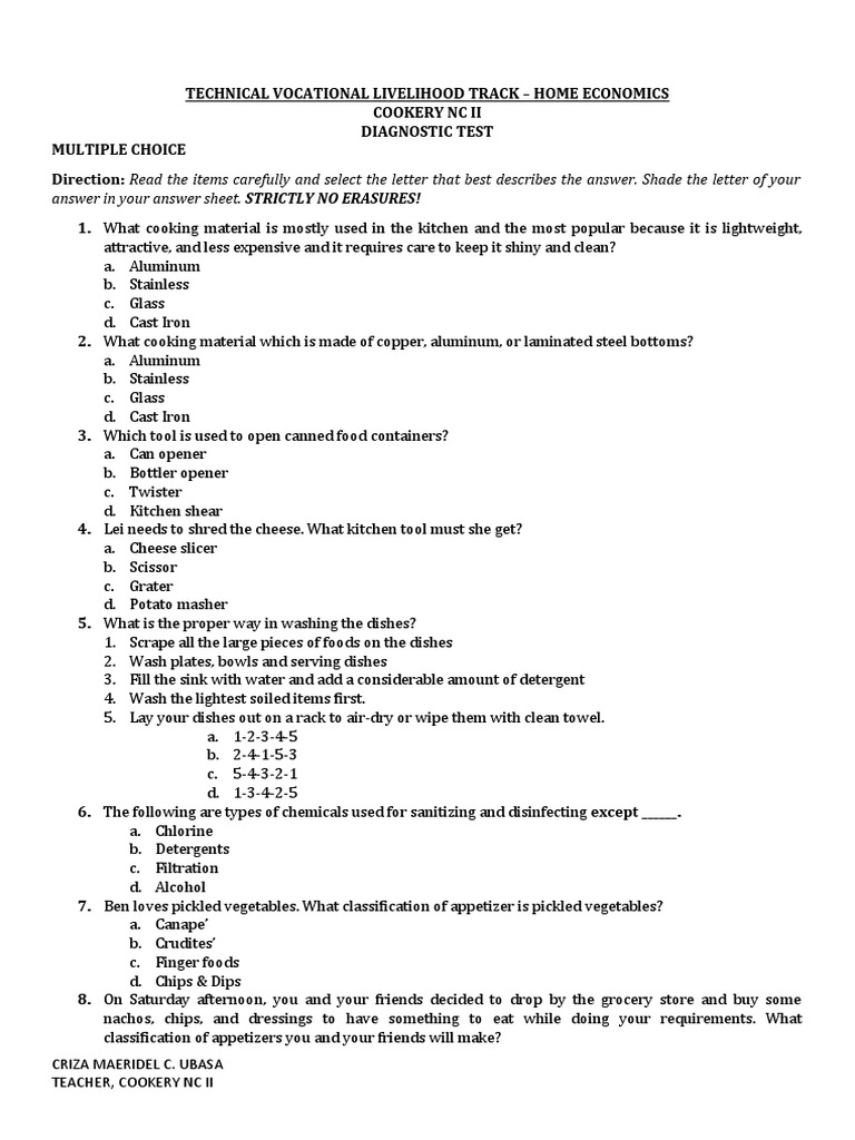 Cookery NC II Diagnostic Test Guide | PDF | Desserts | Salad