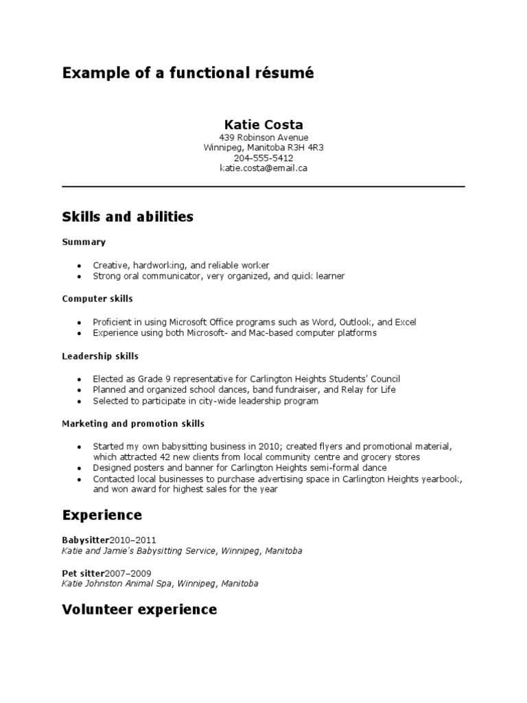 Example of A Functional Résumé PDF