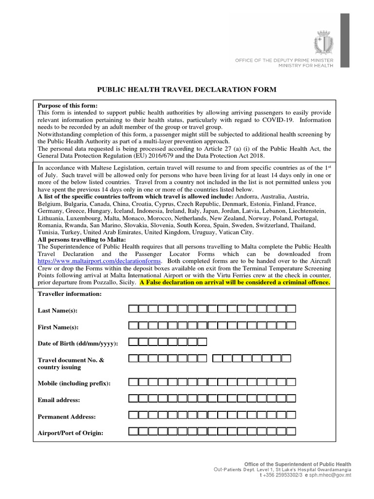 Public Health Travel Declaration Form Oct 2020 | PDF