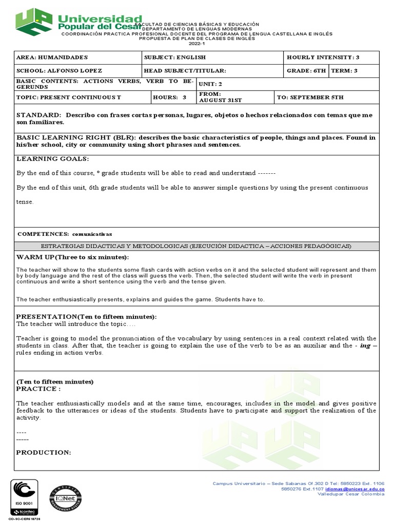 Plan De Clases Inglés Pdf