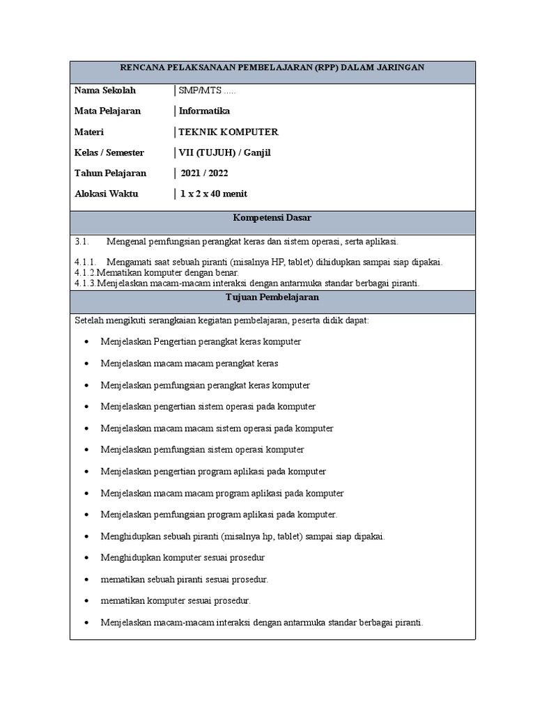 RPP Informatika Kelas VII SMP | PDF