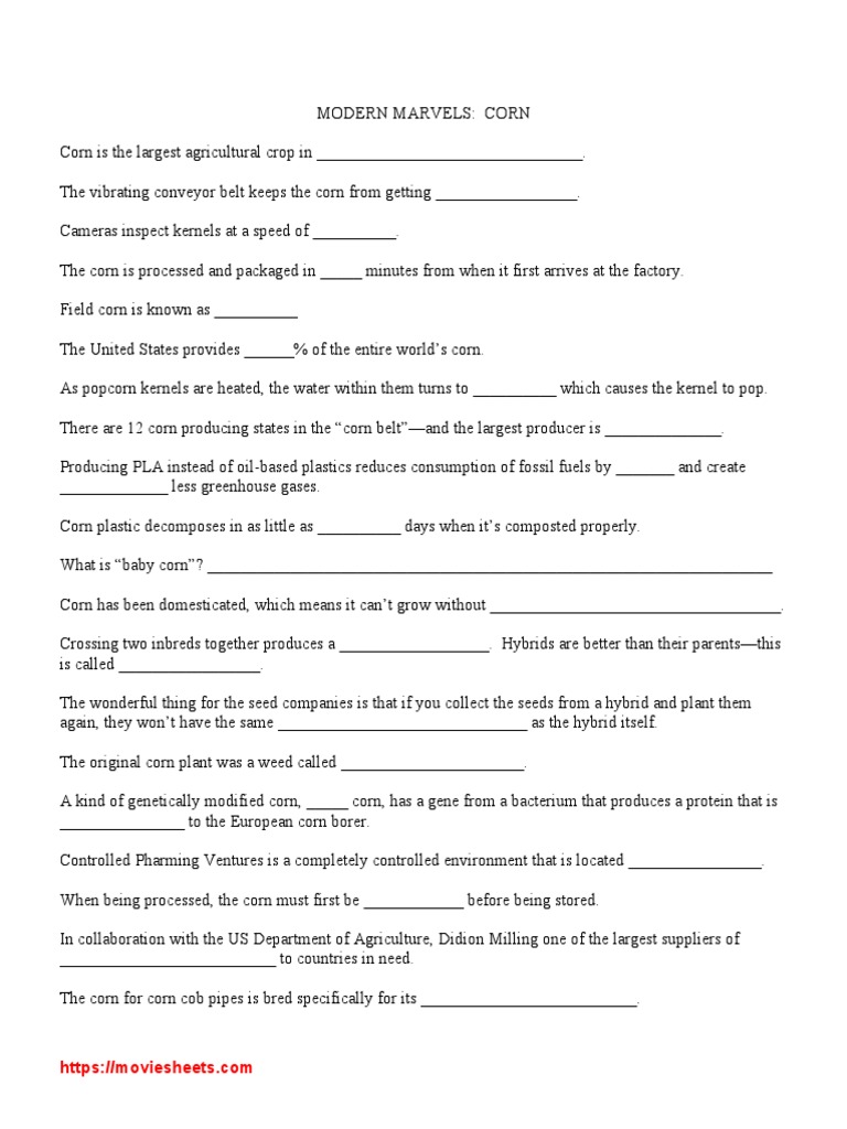 Video Worksheet Modern Marvels Corn PDF Maize Ethanol