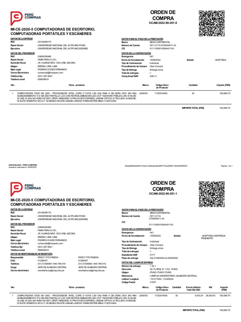 Orden de Compra: Computadoras Lenovo | PDF | Lenovo | Hardware de la ...
