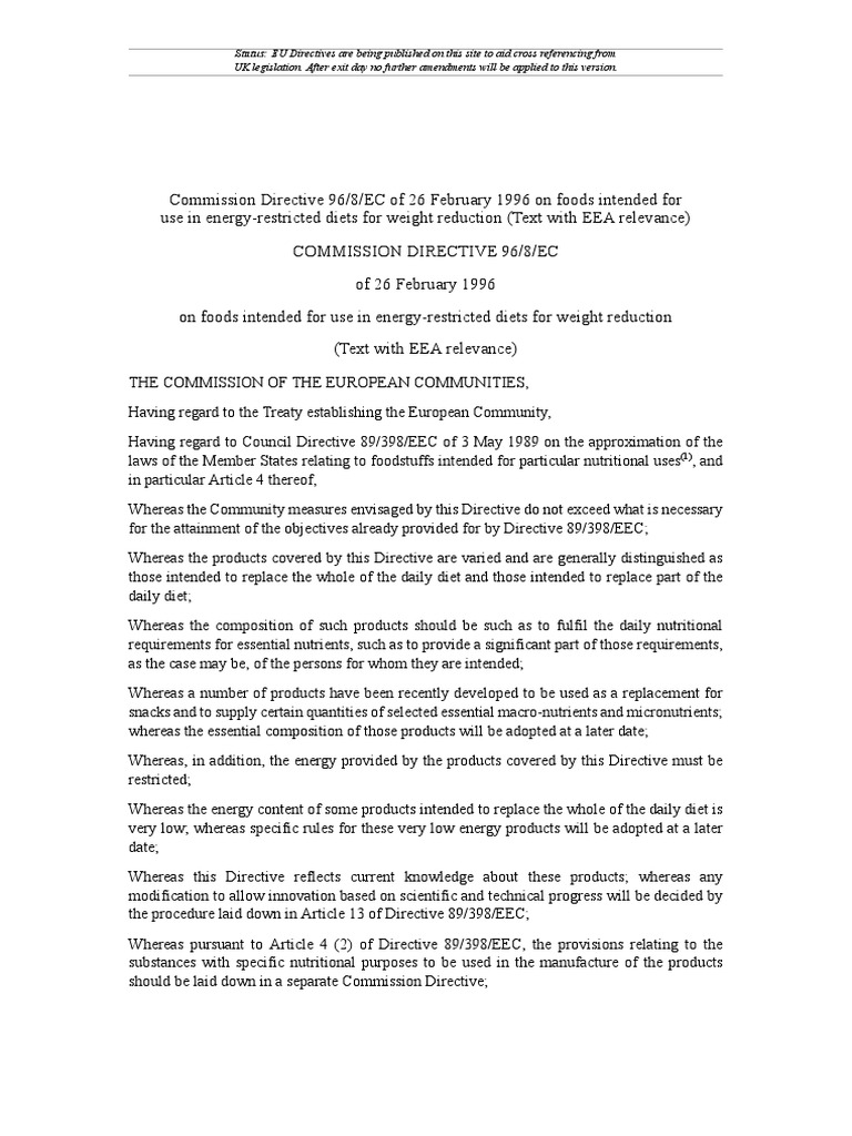 Commission Directive 96/8/EC of 26 February 1996 on foods intended for ...