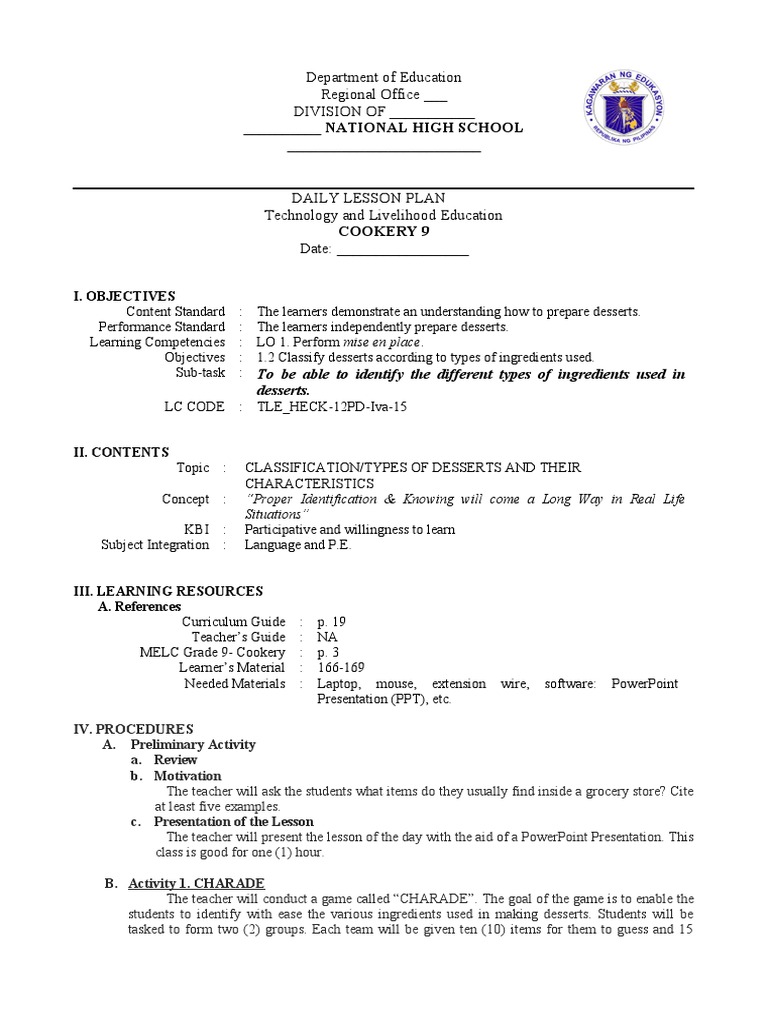 Cot Lesson Plan Desserts Pdf